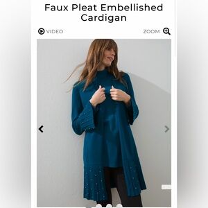 Chicos teal cardigan w/pearl detail on cuff & bottom. Sz 2; NWT$12